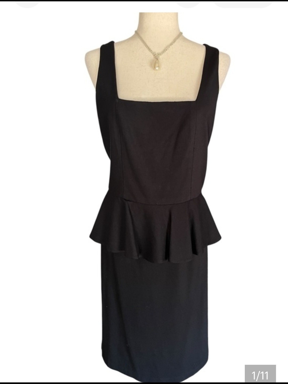 Carmen Marc Valvo Black Peplum Cocktail Dress with Square Neckline